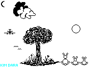 Art Drawing: a tree with flowers, the sun, a cloud, two birds, an airplane, and the moon... [link takes you to something called wind powered electric trains / monorail]